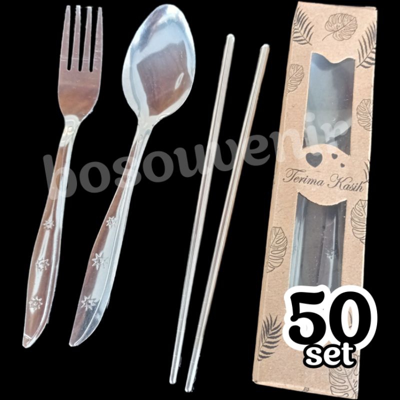 Set Sendok Garpu Sumpit Stainless Steel 50 Pcs dengan Box Kayu untuk Souvenir Pernikahan dan Khitana