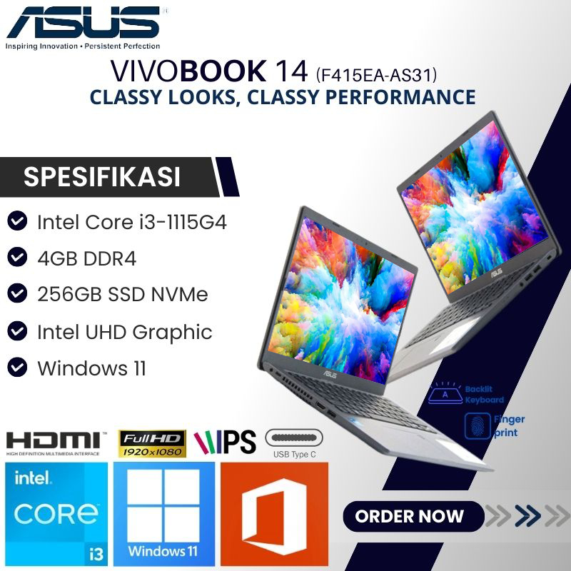 LAPTOP ASUS F415EA-AS31 INTEL CORE i3-1115G4 4GB RAM 256GB SSD 14" FHD IPS WINDOWS 11 ORI FREE TAS