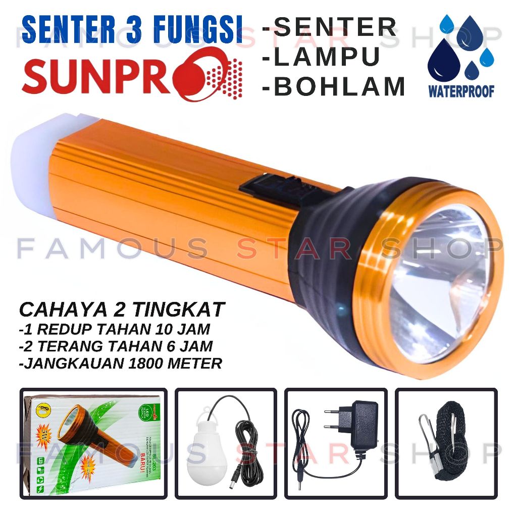 Senter Sorot 3 Fungsi Super Terang Jangkauan Cahaya Sangat Jauh 1800 Meter Sunpro SL 205 / SL-203 GR