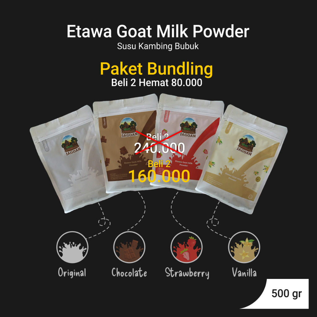 

Paket Bundling 2 Susu Kambing Etawa Bubuk | Etawa Goat Milk Powder Varian Rasa Original - Coklat - Stroberi - Vanilla