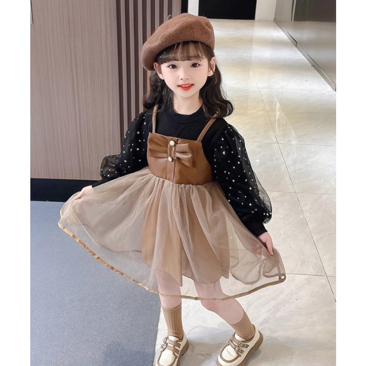 Dress Anak Perempuan Dress 2in1 Model Baju Kaos Dalaman Lengan Panjang Tile Bintang Mix Dress Rok Tu