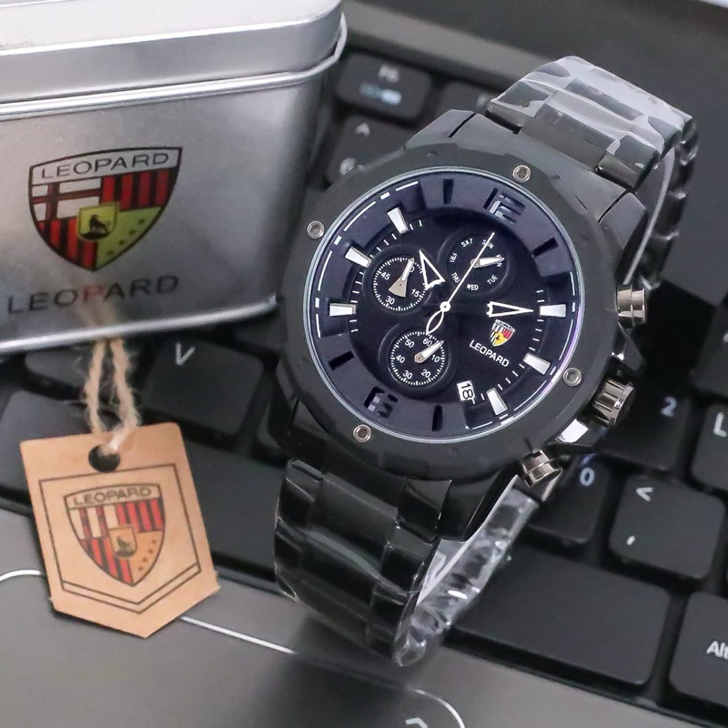 ( BISA COD ) Jam Tangan Pria LEOPARD L-8806 8806 Original Rantai Stainless Steel Chrono Tanggal Akti