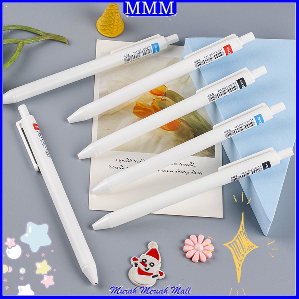 MMM Pena Cetekan Polos Putih Pena Gel 0.5mm Pulpen Warna Tinta Biru Hitam Alat Tulis Sekolah Kantor 