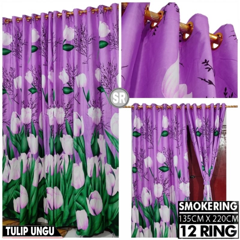 Gorden Jendela Pintu Kamar Smokring 12 Ring Minimalis Aesthetic Terbaru Motif Tulip Ungu Panjang Teb