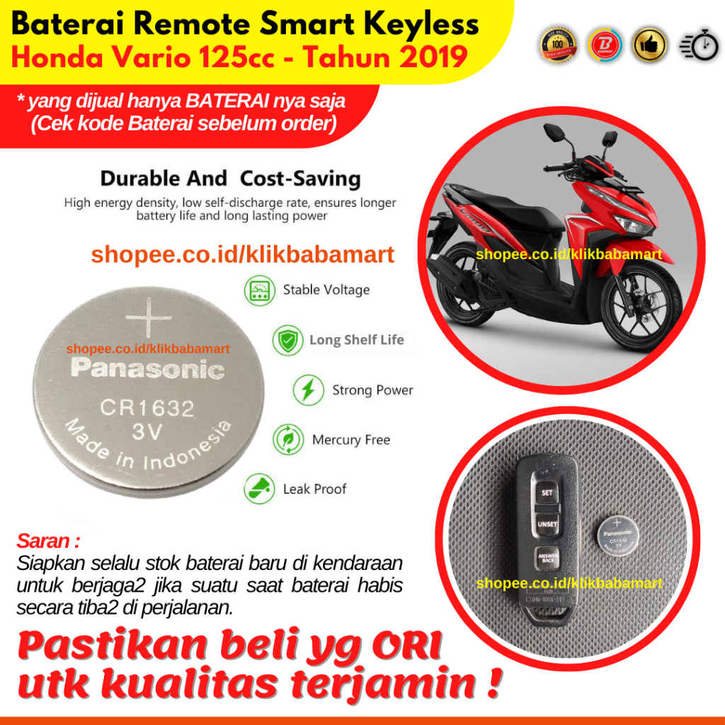 Baterai Remot Motor Honda Vario 125 Tahun 2019 Smart Keyless Remote Battery Original