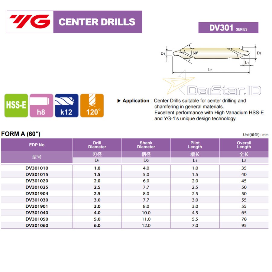 YG -1 Center Drill 1 1.5 2 2.5 3 4 5 6 mm HSS DV301 YG1