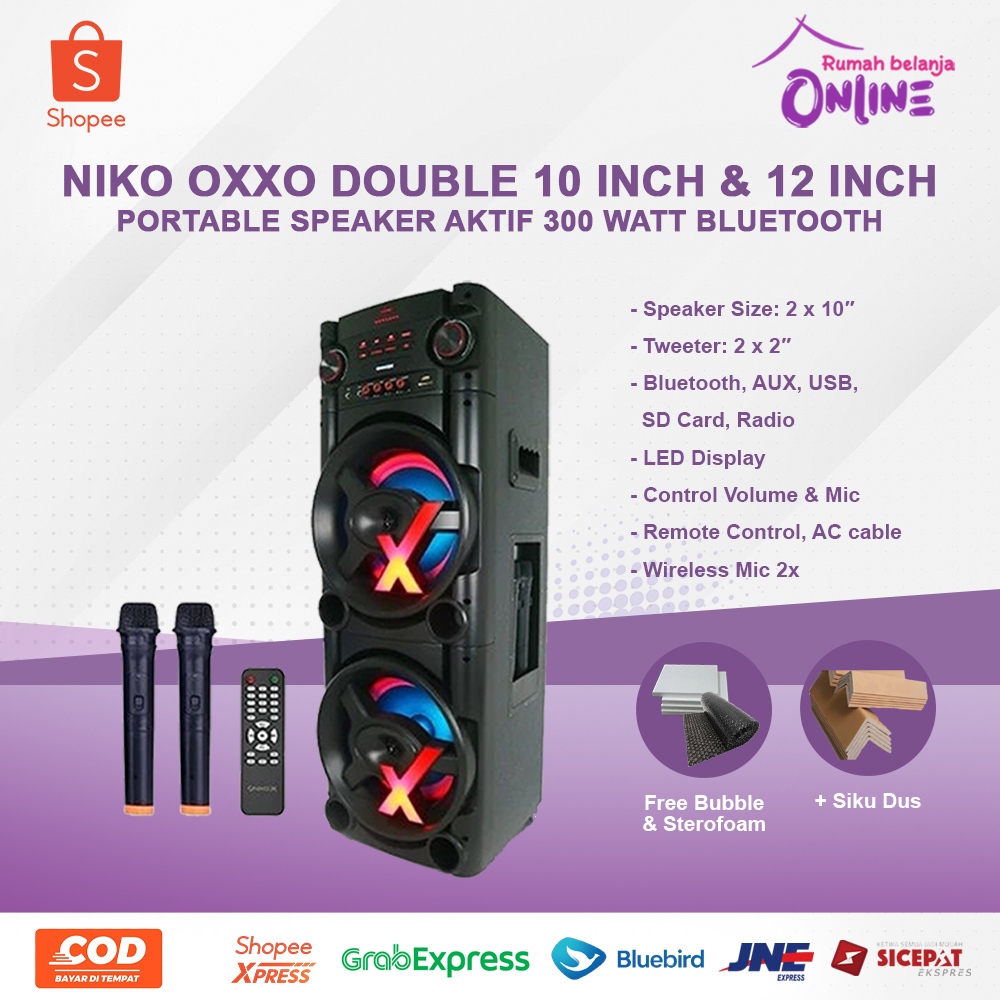 NIKO Oxxo Double 10 inch dan 12 inc Portable Speaker Aktif 300 Watt Bluetooth speaker niko speaker n