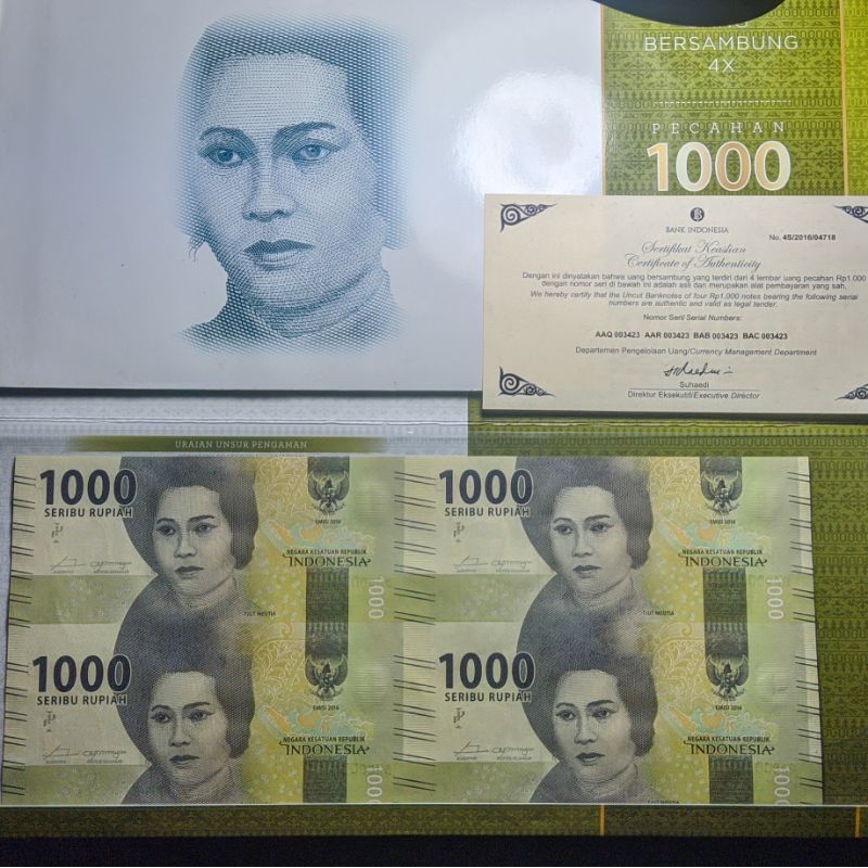 Uang uncut/bersambung 4x 1000 rupiah 2016