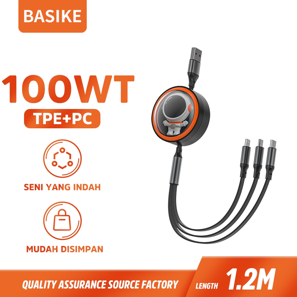 BASIKE Kabel Data iPhone Samsung Fast Charging 100W 6A Lightning Tipe C Micro USB 3 in 1 Universal