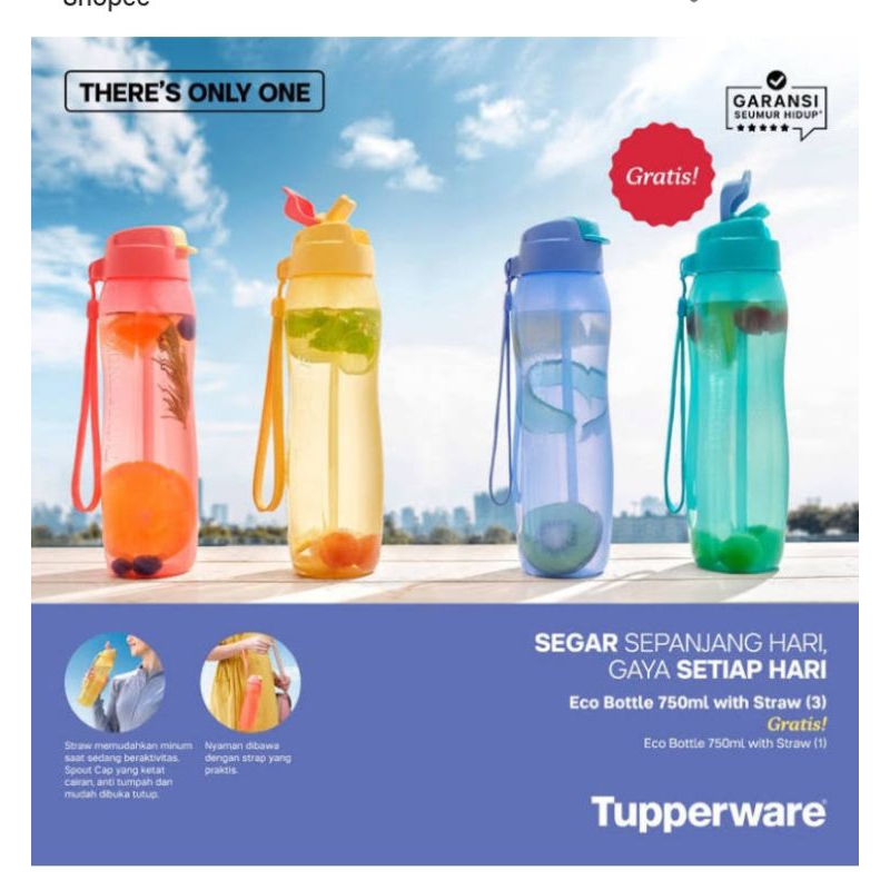 tupperware eco bottle with straw tupperware / botol minum 750 ml dengan sedotan