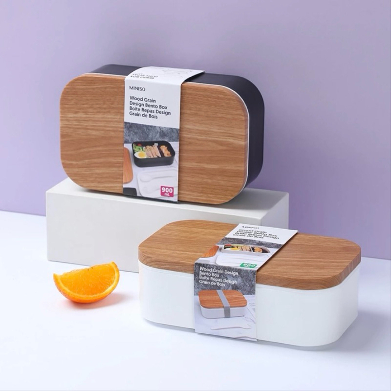 MINISO Wood design bento box white and black 900ml / kotak makan miniso / food storage / kotak bekal