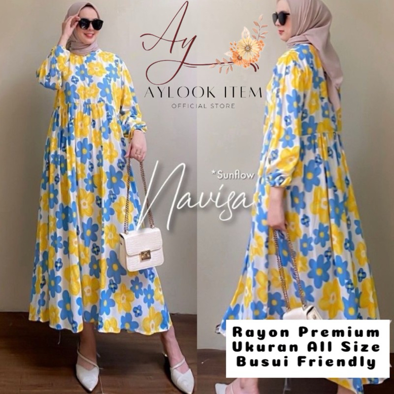 MIDI DRESS WANITA RAYON  / GAMIS RAYON ADEM BUMIL BUSUI FRIENDLY JUMBO-Bunga Navisa