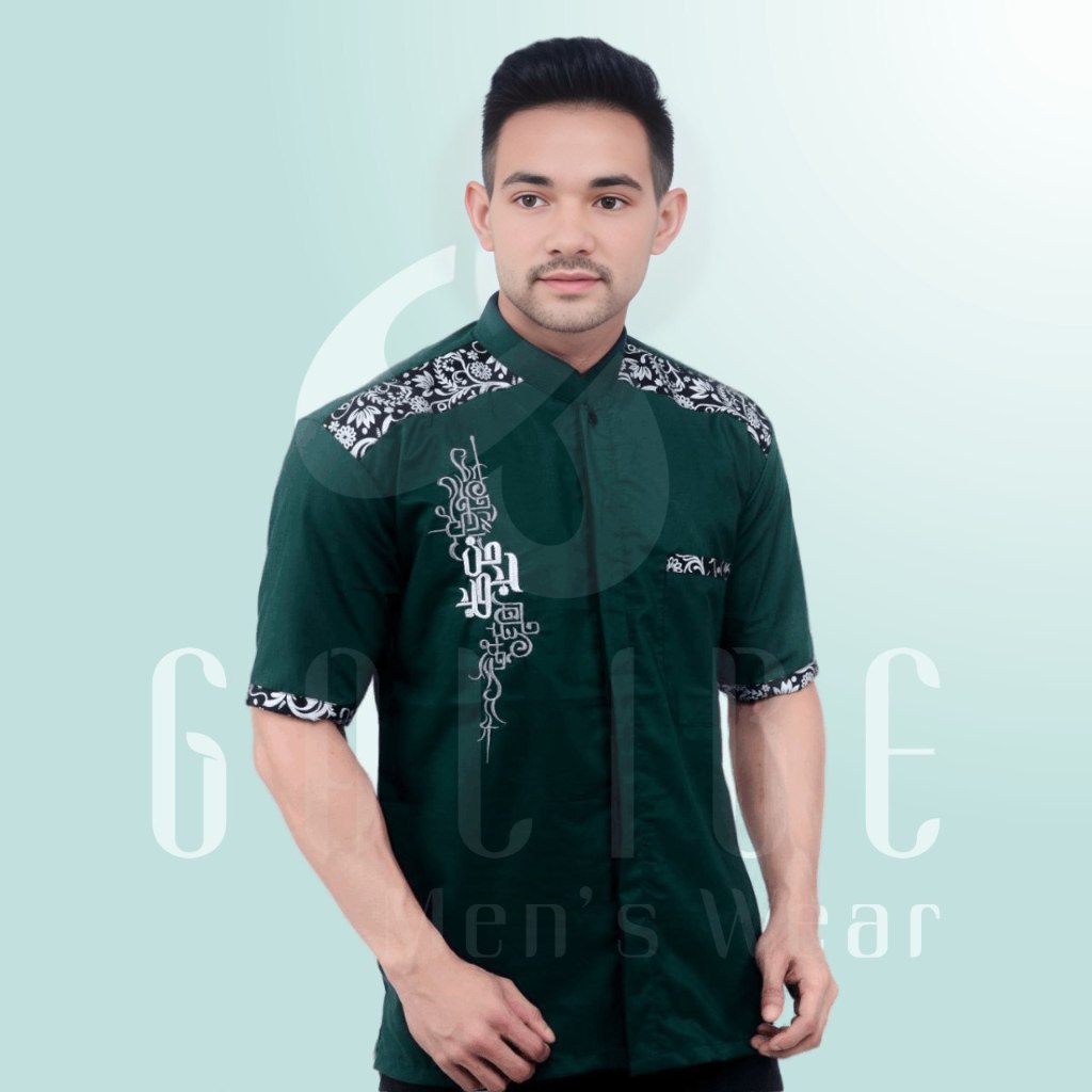 Galibe - Kemeja Pria Lengan Pendek Motif Batik Bunga Melati Kombinasi Bordir Koko Fashion Muslim