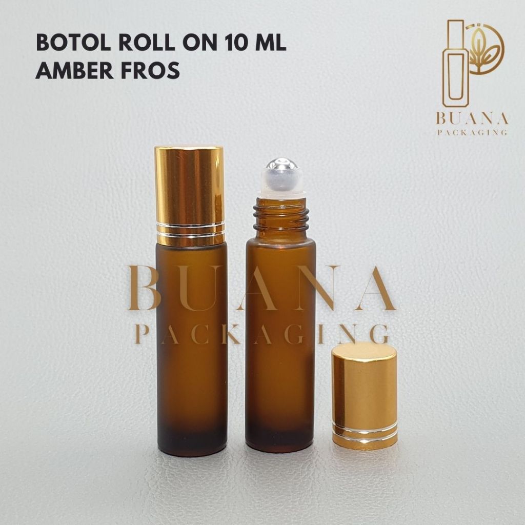 Botol Roll On 10 ml Amber Frossted Tutup Stainles Emas Shiny Garis Bola Stainles / Botol Roll On / Botol Kaca / Parfum Roll On / Botol Parfum / Botol Parfume Refill / Roll On 10 ml