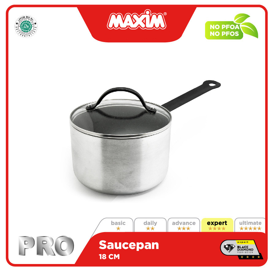 Maxim Pro Chef Saucepan Tutup Kaca 18 CM - Panci Saus Stainless Non Stick 3 QT