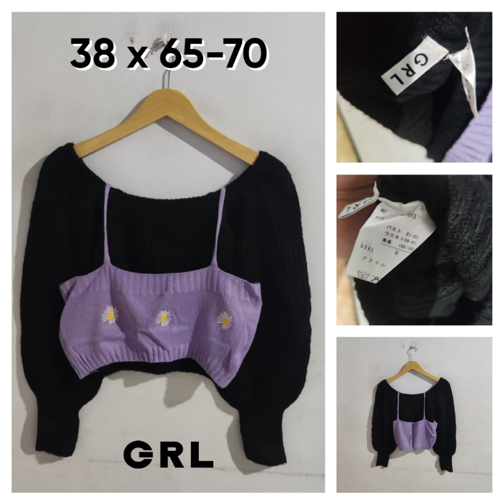 Sweater Crop GRL Hitam Tebal Size S Lengan Bal0n Atasan Cewek Outer + Vest Ungu