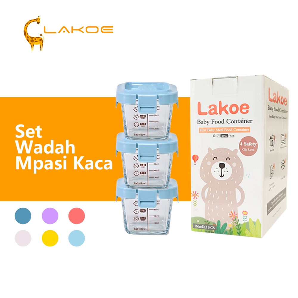 	 LAKOEINDONESIA 3 IN 1 Set Wadah Mpasi Kaca Tempat Makan Bayi Anti Tumpah Baby Safe Food Container Glass	