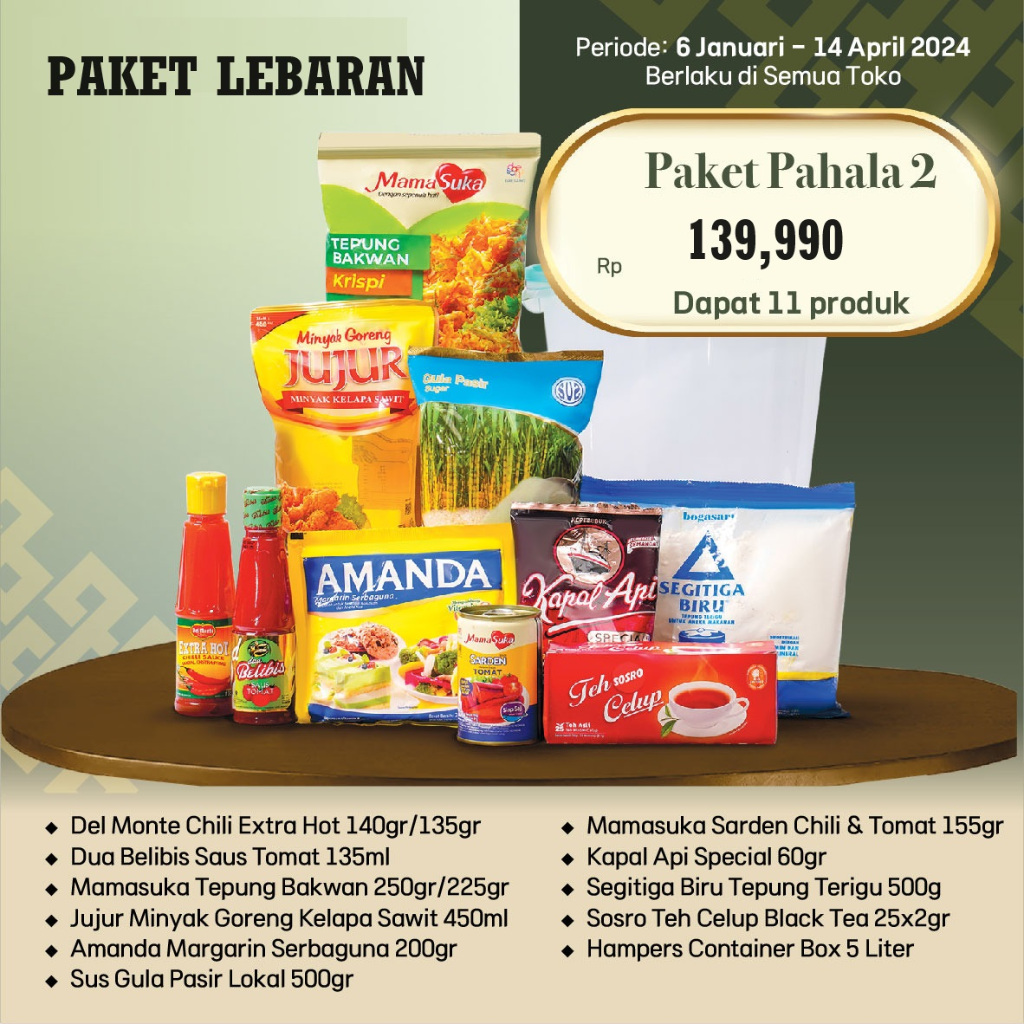 

PARCEL LEBARAN IDUL FITRI ISI MAKANAN PAKET PAHALA10 PRODUK+CONTAINER