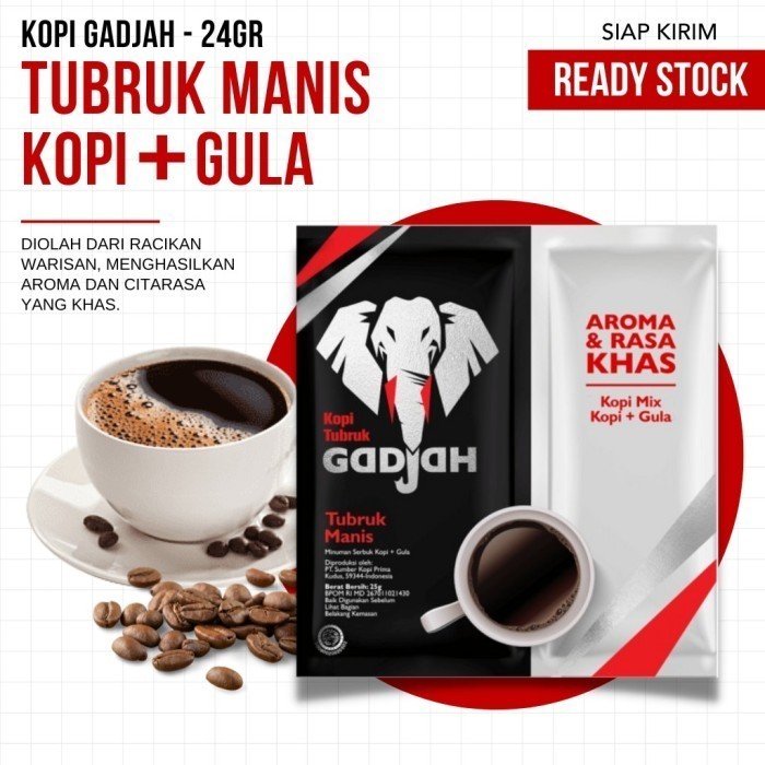 

Kopi Tubruk Gadjah / Gajah Manis Kopi + Gula Isi 10 Pcs Sachet 24gr