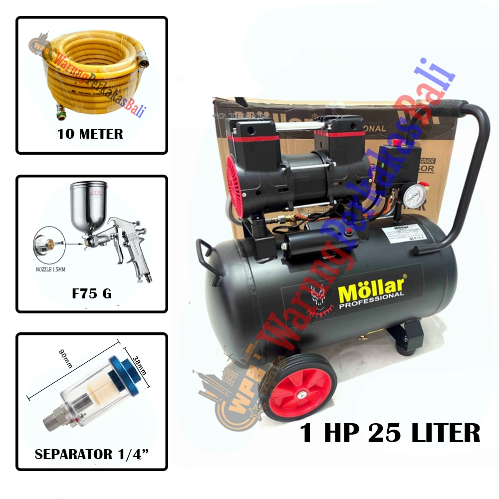 HEMAT MOLLAR Mesin Kompresor 25 Liter 1 HP Non Oli / H&L Spet Cat F75 Tabung Atas Spar Gun / Iwa Sel