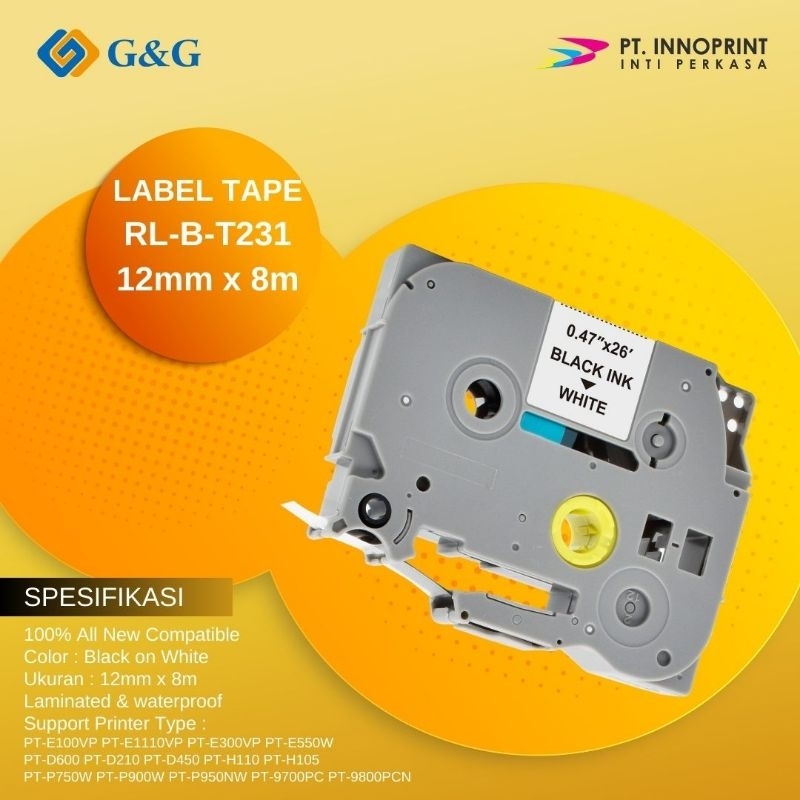 

Label tape G&G untuk Label Tape Brother TZE-231 12mm x 8m Hitam di Putih TZE231