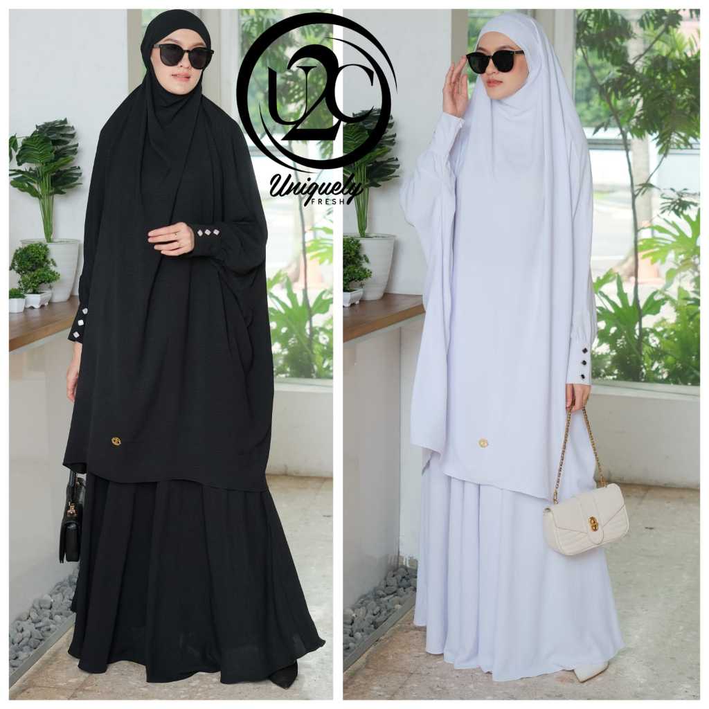 Alisha Set Syar'i by U2C - Rok Set French Khimar Lengan Menyatu Airflow Hitam Putih Umroh Haji