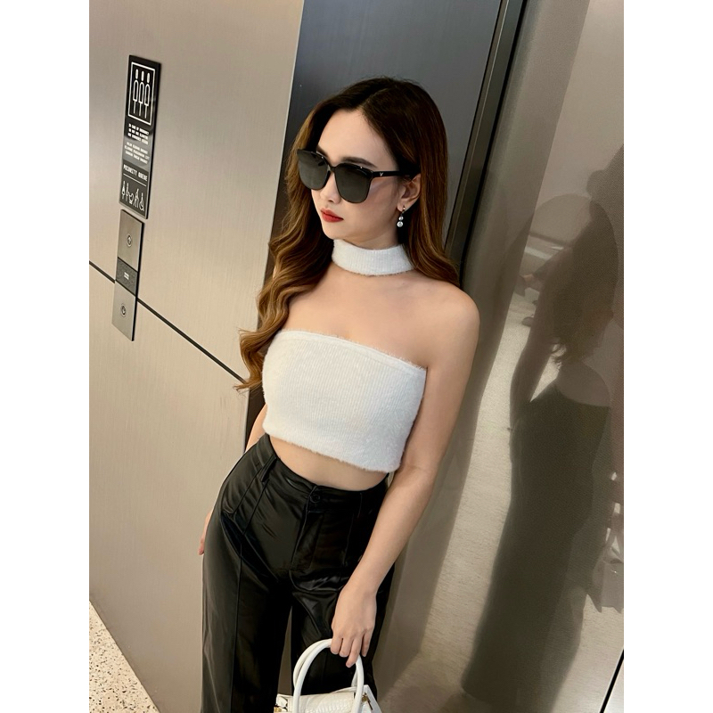 J'ADORE Yejin Top - Choker Tube Two Ways Fur Knit Top Halter Neck Atasan Crop Bulu Rajut Kemben Wani