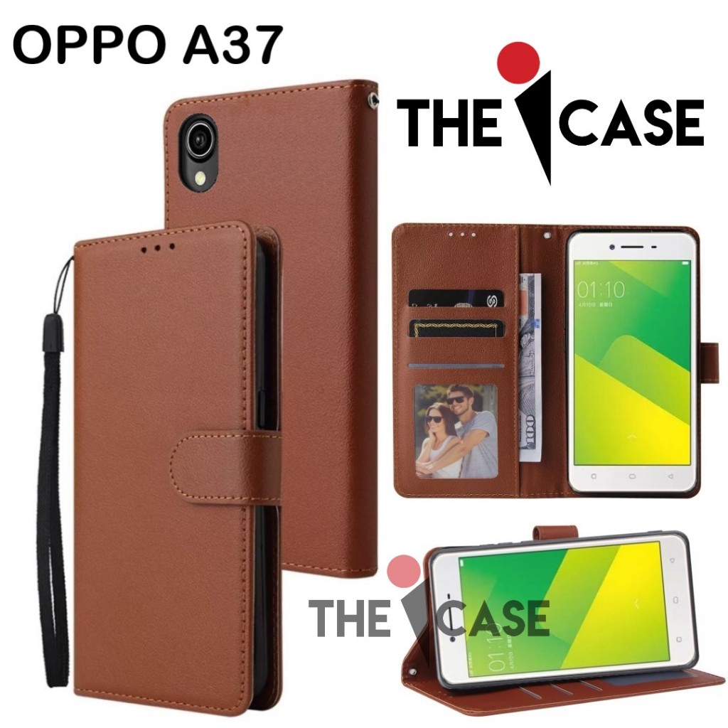Casing OPPO A37 model flip buka tutup case kulit ada tempat foto dan kartu juga tali hp flip cover