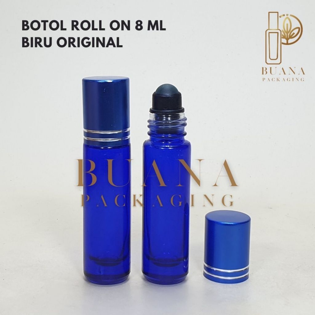 Botol Roll On 8 ml Biru Original Tutup Stainles Biru Shiny Bola Plastik Hitam / Botol Roll On / Botol Kaca / Parfum Roll On / Botol Parfum / Botol Parfume Refill / Roll On 10 ml
