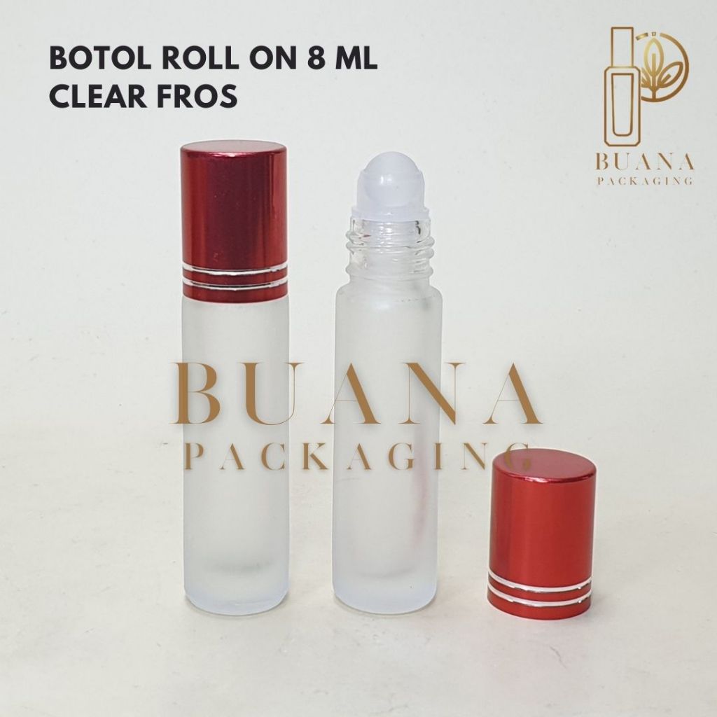 Botol Roll On 8 ml Clear Frossted Tutup Stainless Merah Shiny Bola Plastik Natural / Botol Roll On / Botol Kaca / Parfum Roll On / Botol Parfum / Botol Parfume Refill / Roll On 10 ml