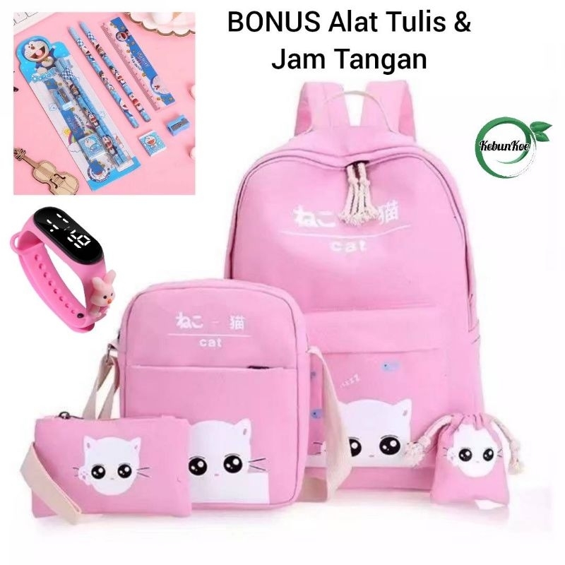 Tas Sekolah Anak Perempuan TK SD Set BABYCAT Bonus Alat Tulis dan Jam Tangan