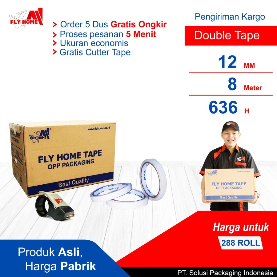 

FLYHOME Double tape 1 dus 12mm x 8meter 288 roll Hotmel ukuran Full Cargo