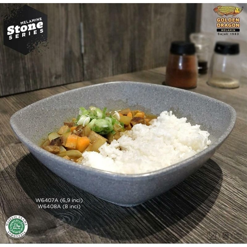 Mangkok Kotak Model Batu 6,9 & 8 Inch - Golden Dragon Melamin (W6407A)(W6408A)