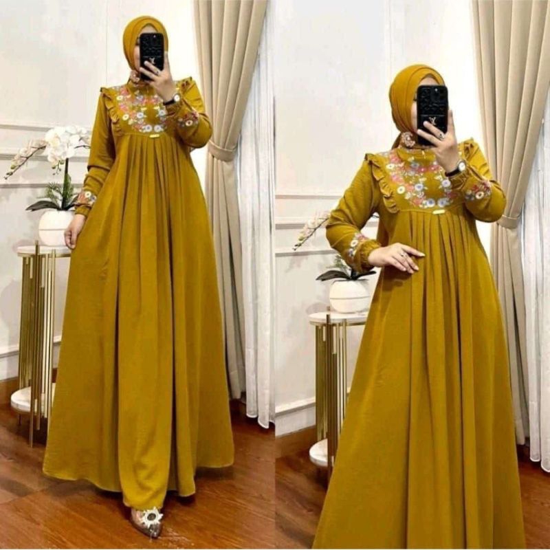 Gamis Bordir Crinkle Airflow Motif Bunga Timbul Dress Terbaru Gamis Muslimah
