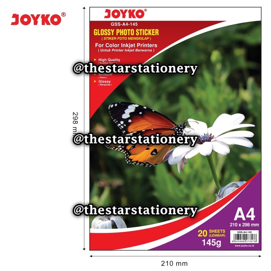 

(1 Pak Isi 20 Lembar) GROSIR Kertas Foto Stiker Joyko GSS-A4-145 A4 145 Gram / Glossy Photo Sticker