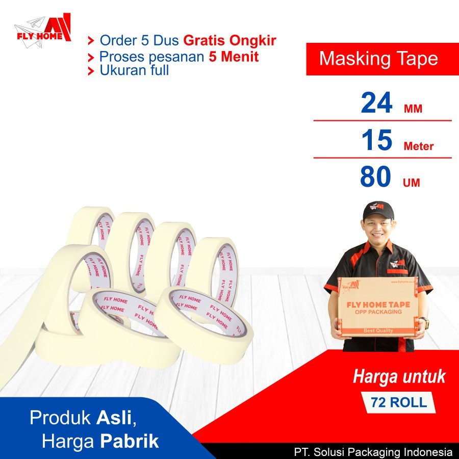 

FLYHOME Lakban kertas 24mm x 15meter 72 roll 1/2dus masking tape ukuran besar