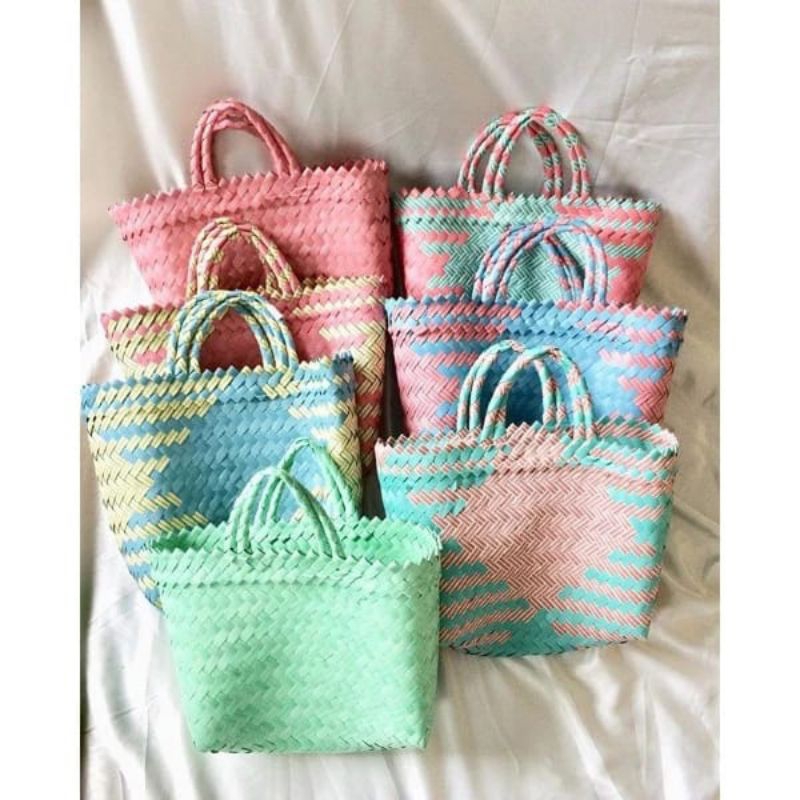Keranjang Anyam Plastik Lurik / Tas Belanja / Tas Anyaman Tas Jinjing