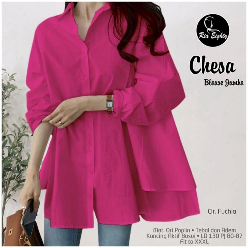 Chesa Blouse Kemeja Wanita Oversize Jumbo Polos Fuchsia Fanta Katun Poplin Ld 130 Fit XXXL By Ria