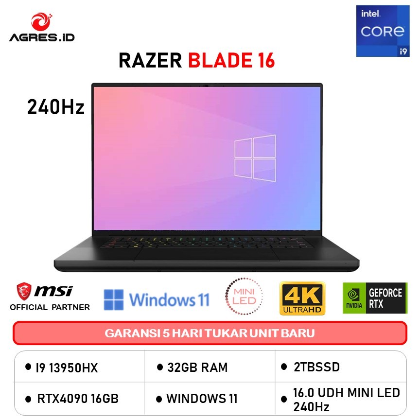 RAZER BLADE 16 I9 13950HX RTX4090 16GB/ 32GB 2TB W11 16.0UHD+ MINILED DUALMODE 120HZ FHD+ 240HZ BLK