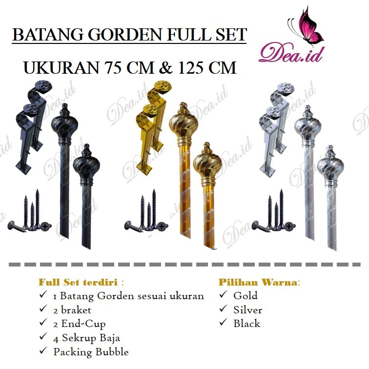Tiang Gorden Fullset 75 CM 125 CM Batang Rollet Soka Gold Silver Black Kristal