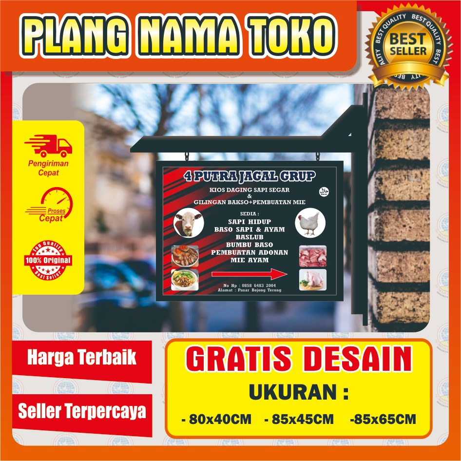 Plang Nama Toko Custome 85 X 65 Cm Dengan Frame Besi 2 MUKA
