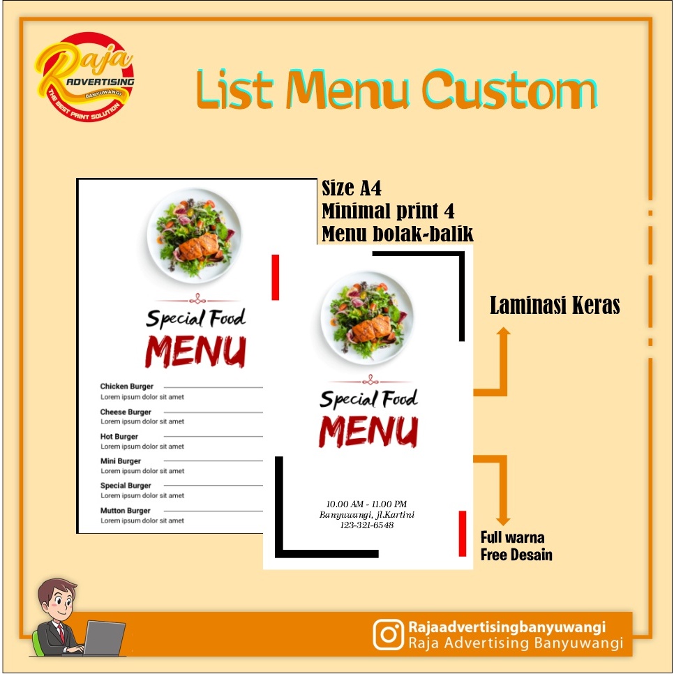 

Cetak Daftar Menu 2 Sisi custom desain Harga menu makanan minuman restoran caffe ukuran A4 & A5