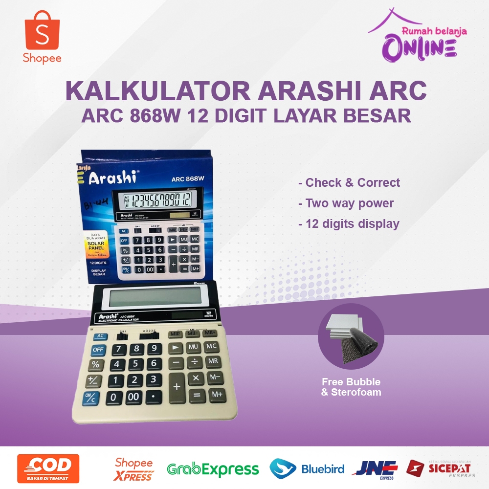 

Kalkulator Calculator Calc ARC 868W 12 Digit Layar Besar Merk Arashi
