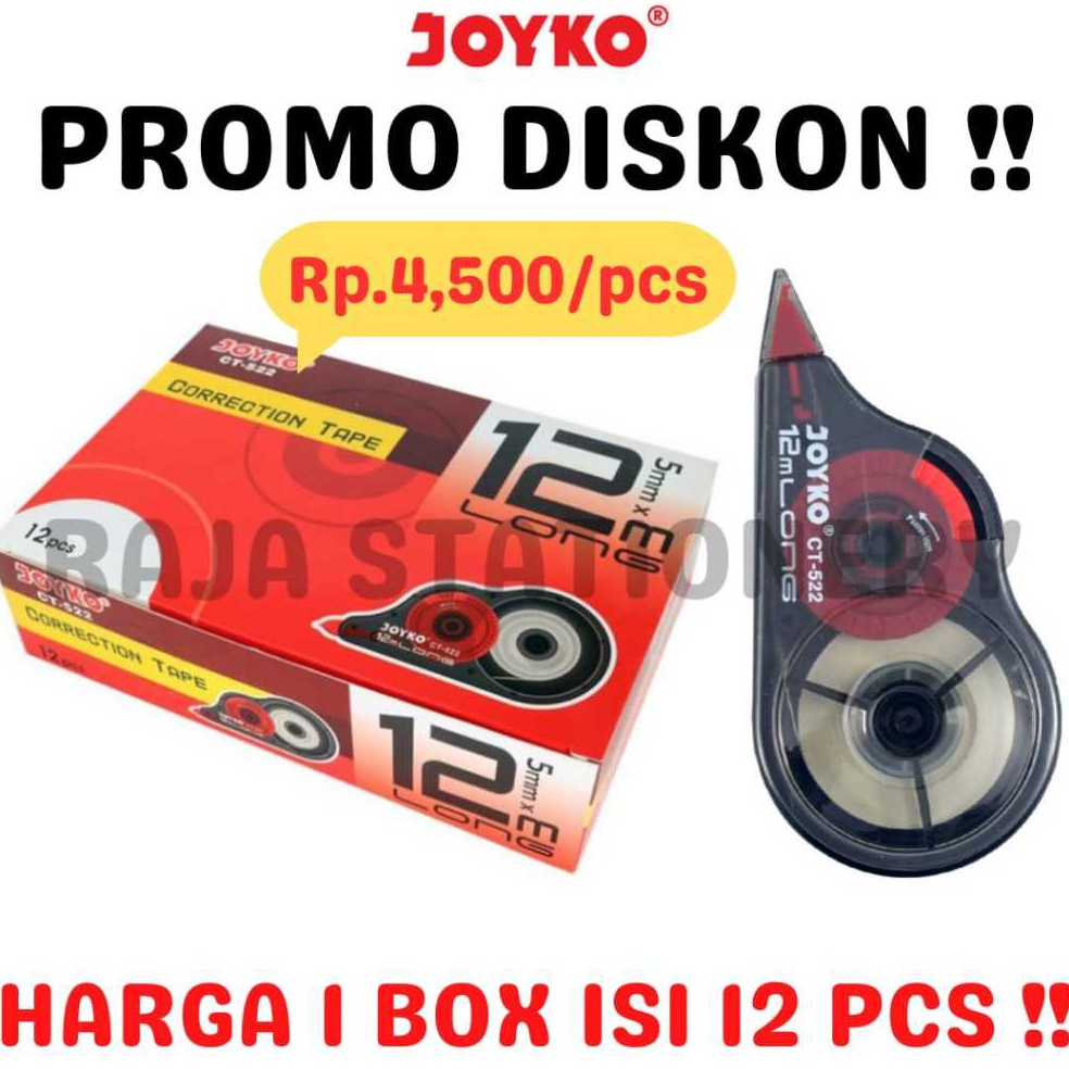 

KODE N8J8 JOYKO CORRECTION TAPE 12M CT522 TIPEX KERTAS JOYKO TIPX TIP X CT522 1 BOX 12PCS