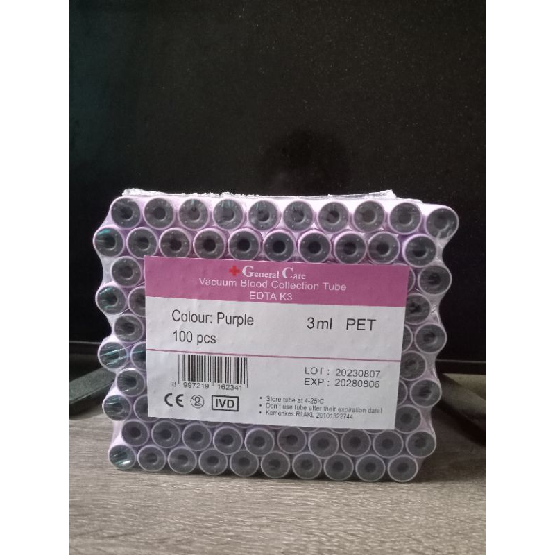 tabung edta 3ml pet/plastik general care pack 100pcs