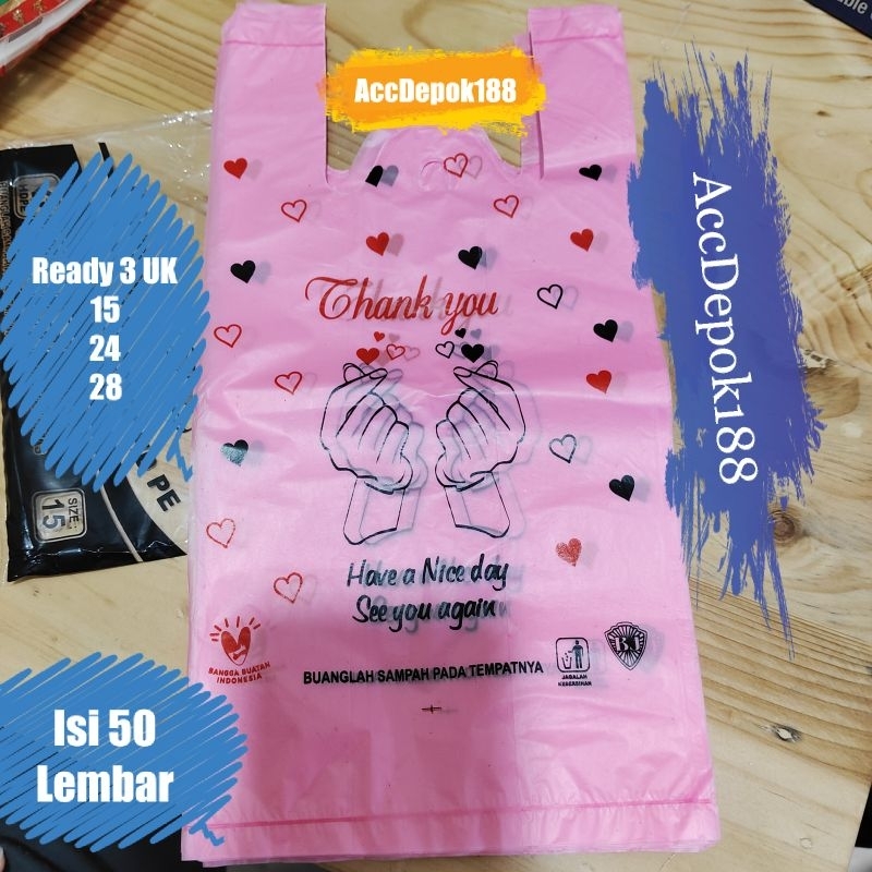 ISI 50 LEMBAR / KANTONG PLASTIK HD PINK MOTIF THANK YOU ❤❤❤ UKURAN 15 KECIL / 24 TANGUNG SEDANG / 28