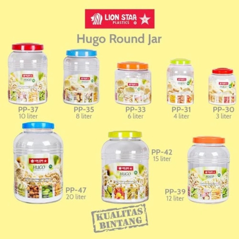 LION STAR - Hugo Round Jar / Square Jar / Toples Plastik / Toples kerupuk 3-4-6-9-10-15-20 Liter