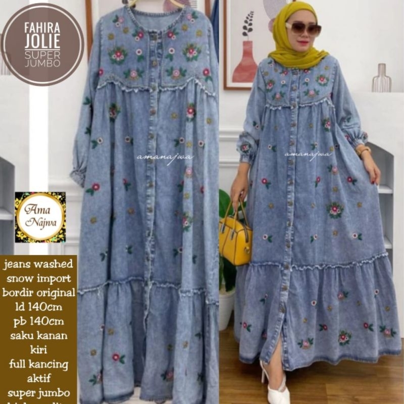 LD 140 | LD 120 Baju Gamis Jeans Washed Snow Import FAHIRA JOLIE MAXY SUPER JUMBO