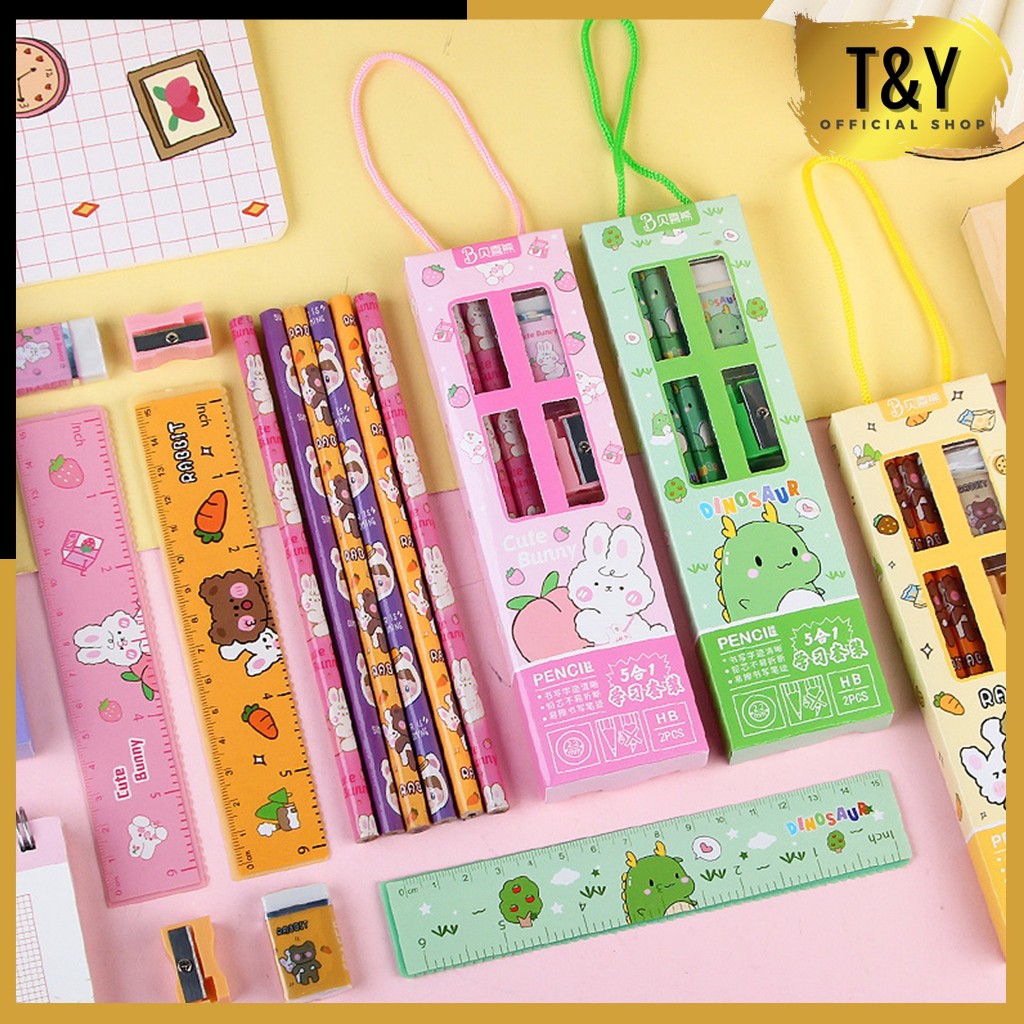 

T&Y Stationery Set 5in1 Alat Tulis Anak Sekolah Pensil Serutan Penghapus penggaris Karakter Lucu Set Alat Tulis Anak Motif Kartun