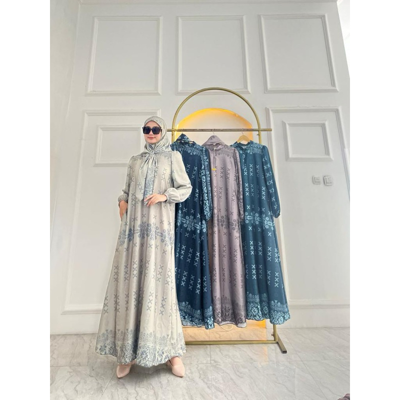 Gamis Armany brown digital motif X kincir kecil set hijab
